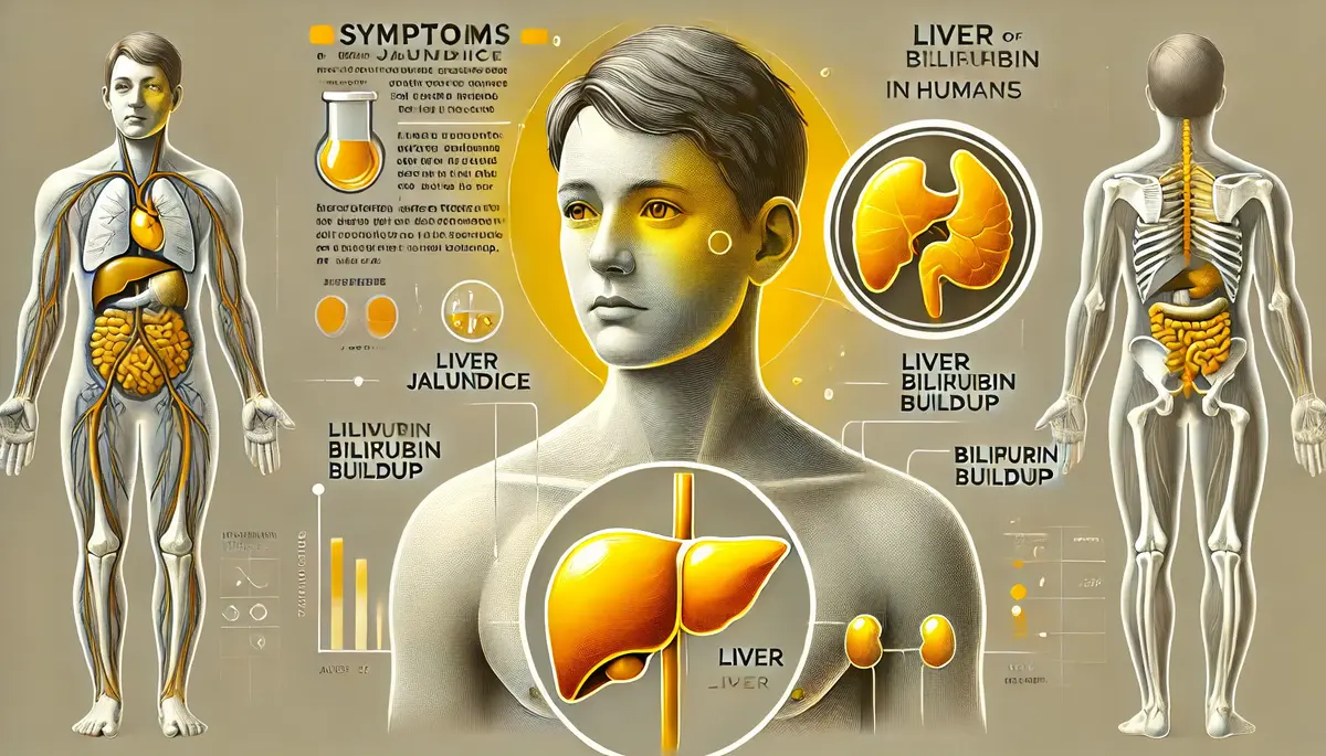 An-educational-illustration-showing-the-symptoms-and-causes-of-jaundice-in-humans.-The-image-includes-a-human-figure-with-a-yellowish-complexion-