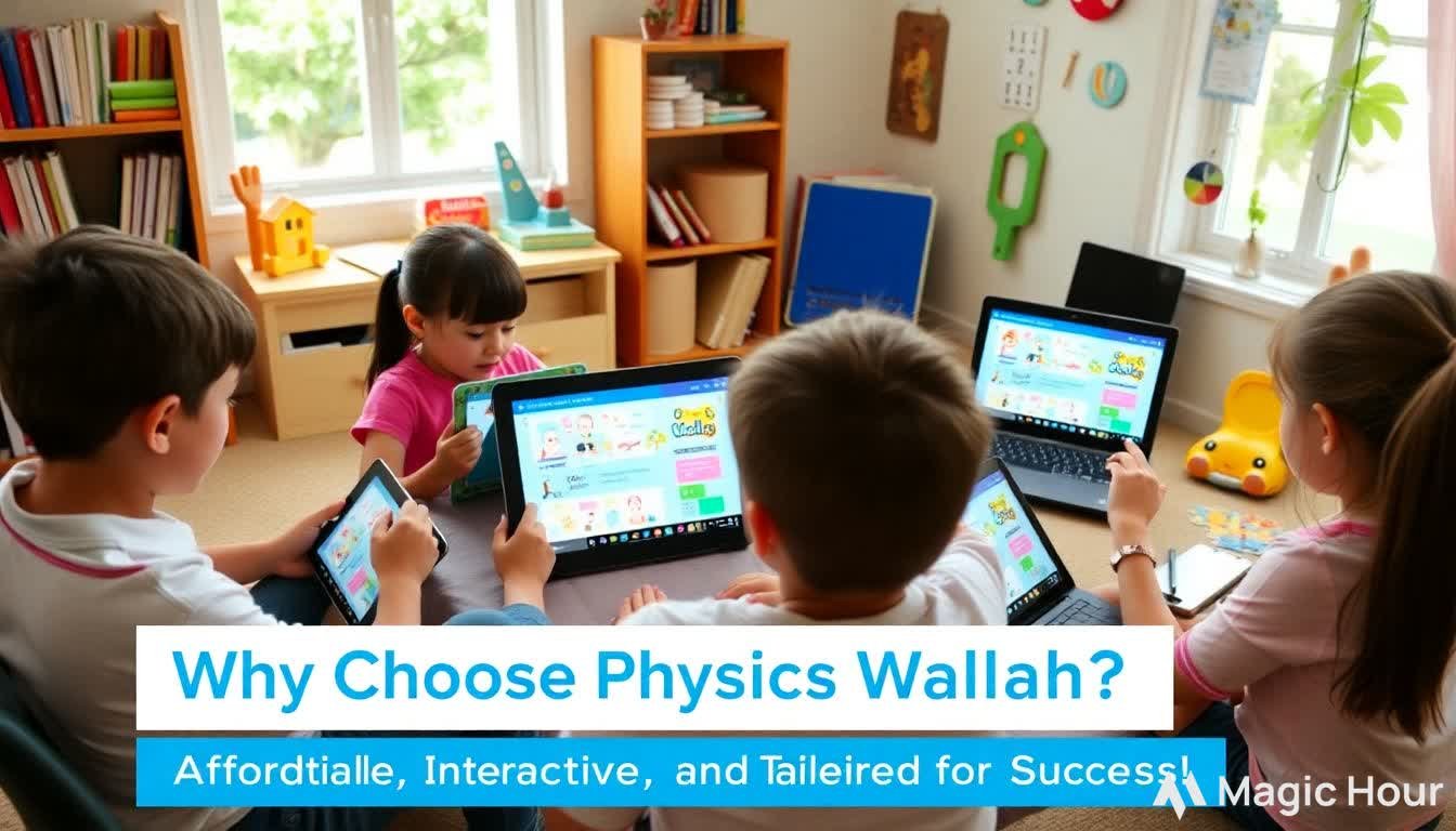 "Children aged 6 to 12 learning enthusiastically on tablets and laptops in a cozy, well-lit room. The Physics Wallah interface is displayed on their screens, featuring colorful animations, easy-to-follow lessons, and interactive activities. Educational tools such as books, science experiments, and math puzzles are scattered around, creating a joyful and productive learning atmosphere. The tagline 'Why Choose Physics Wallah? Affordable, Interactive, and Tailored for Success!' is displayed in bold, clean text."